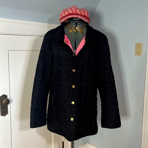 Cute Coach Set Black and Hot Pink Quilted Jacket XL and Tweed Cap M/L